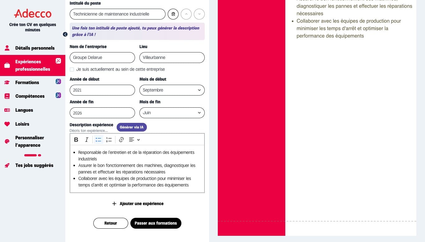 Capture du générateur de CV par IA d'Adecco, avec le bouton Générer via IA et l'aperçu du CV en deux colonnes