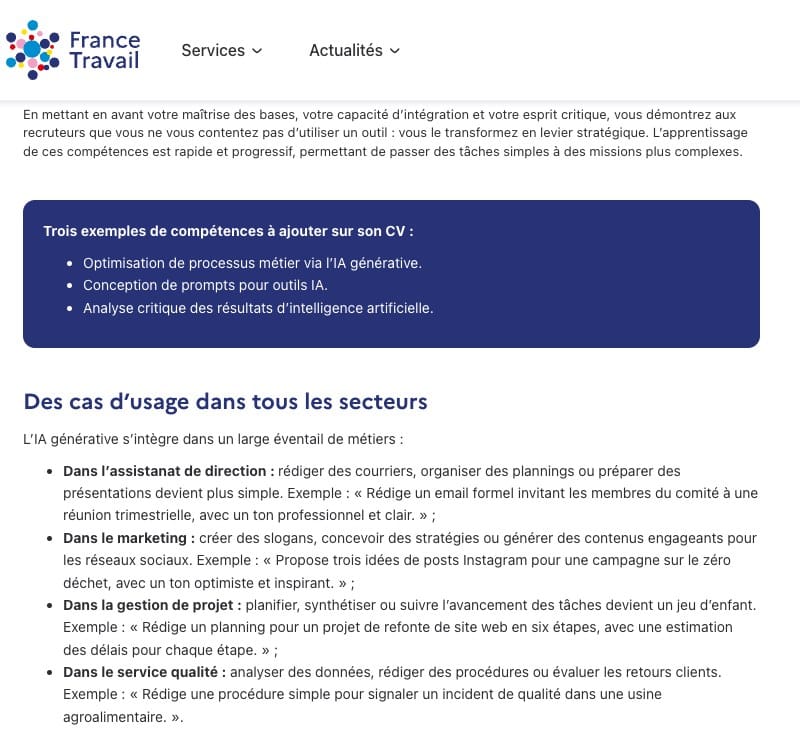 Capture de l'article de France Travail sur l'IA générative comme atout à mettre sur son CV