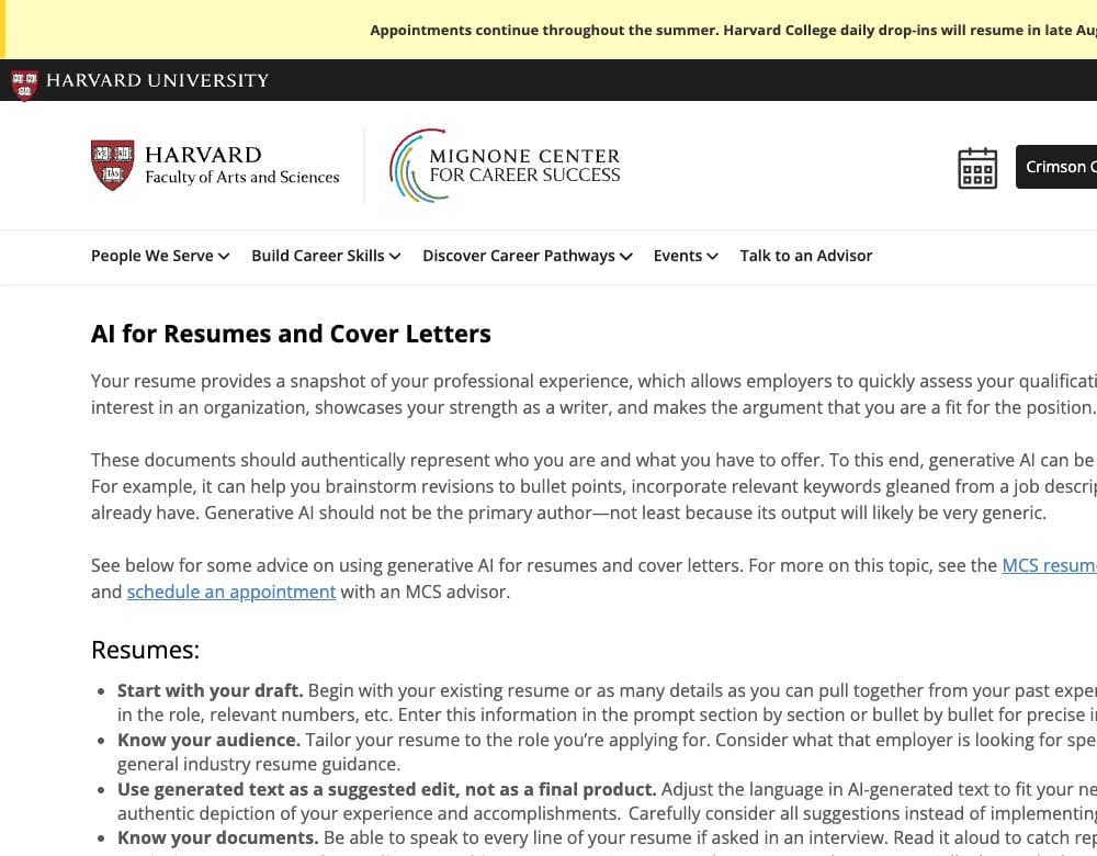 Screenshot of the Harvard Mignone Center for Career Success page on using generative AI for resumes and cover letters