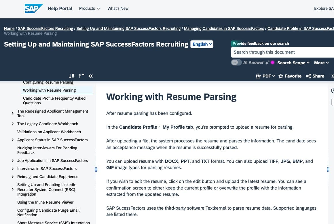 Capture de la documentation SAP SuccessFactors listant les formats de CV acceptés pour la lecture automatique, sans le PDF