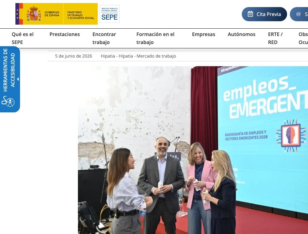 Captura de la noticia del SEPE sobre la IA y los perfiles híbridos en los empleos emergentes de 2026