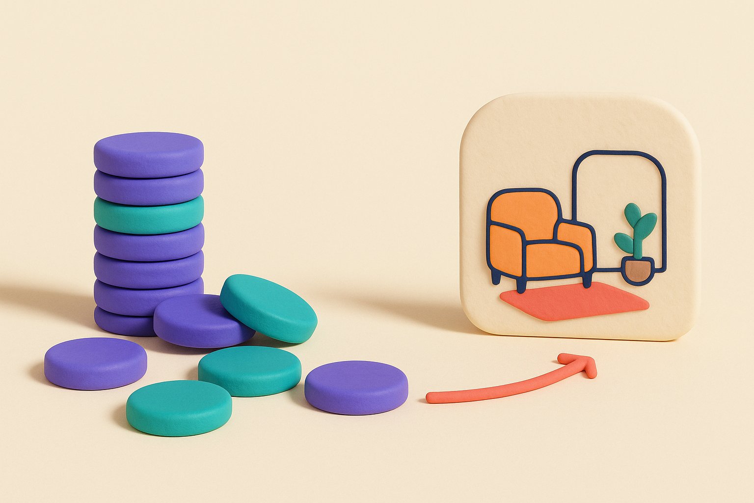 Illustration of free credits running out: a toppled stack of tokens in front of a card showing a furnished living room