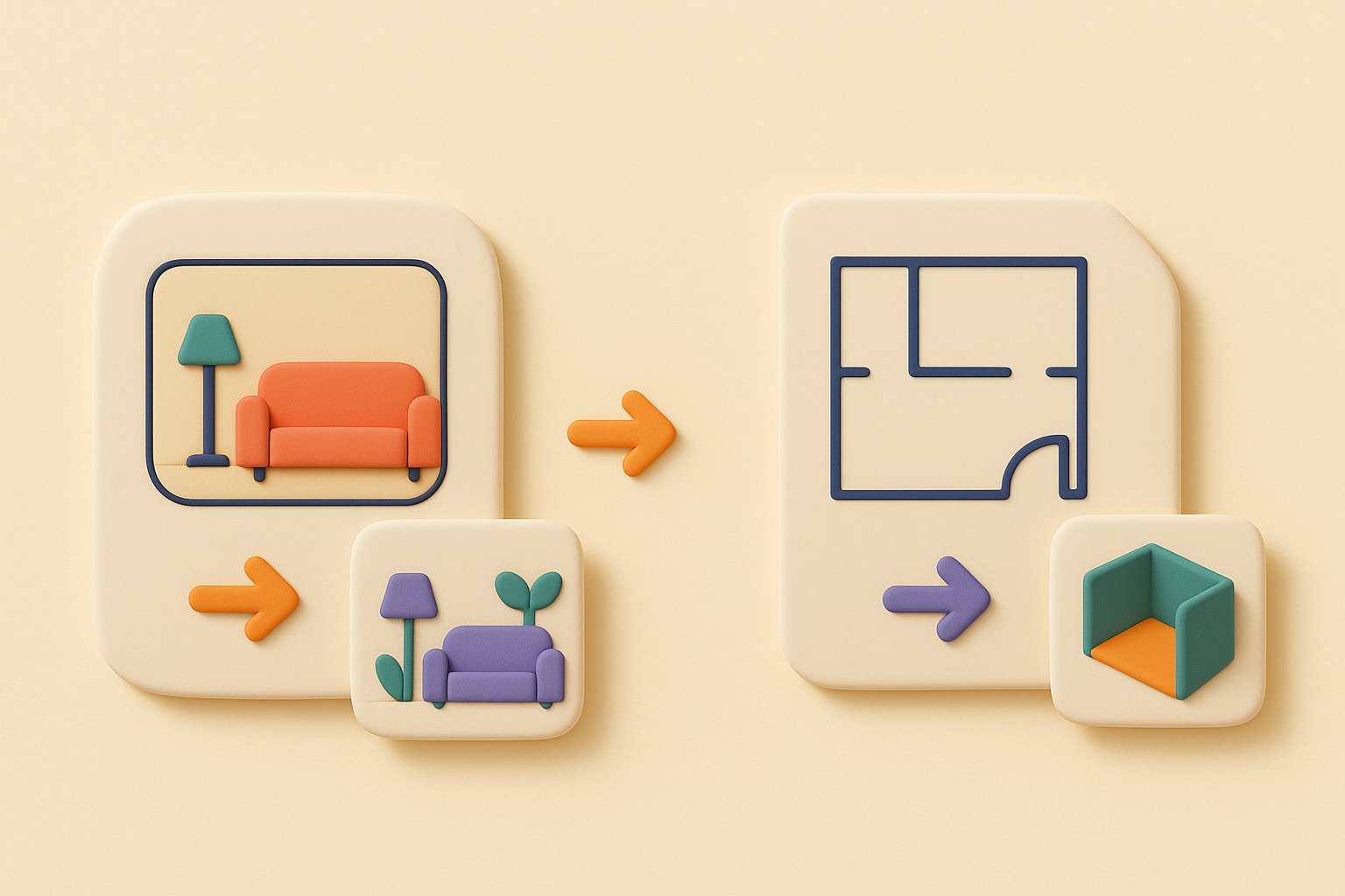 Illustration of the two families of AI interior design tools: a redesigned photo on one side, a 2D floor plan turned into a 3D volume on the other