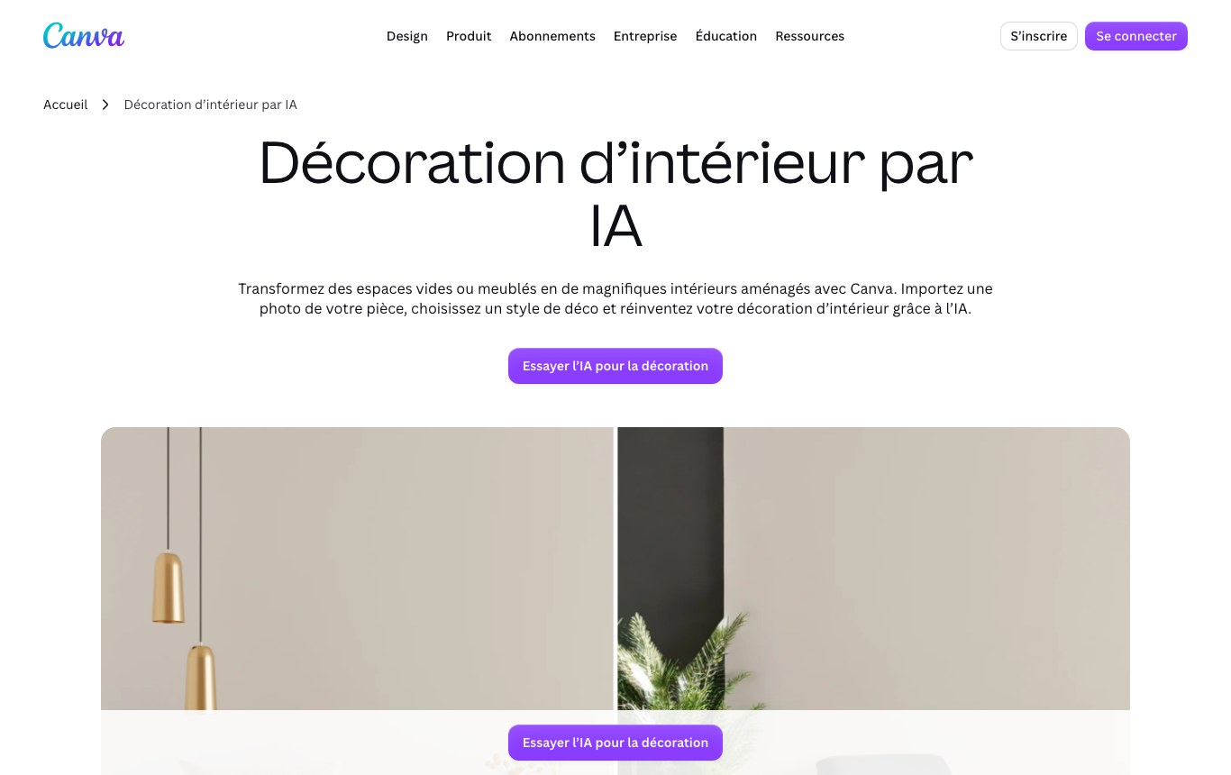 Page Décoration d'intérieur par IA de Canva : importer une photo de sa pièce et choisir un style de déco