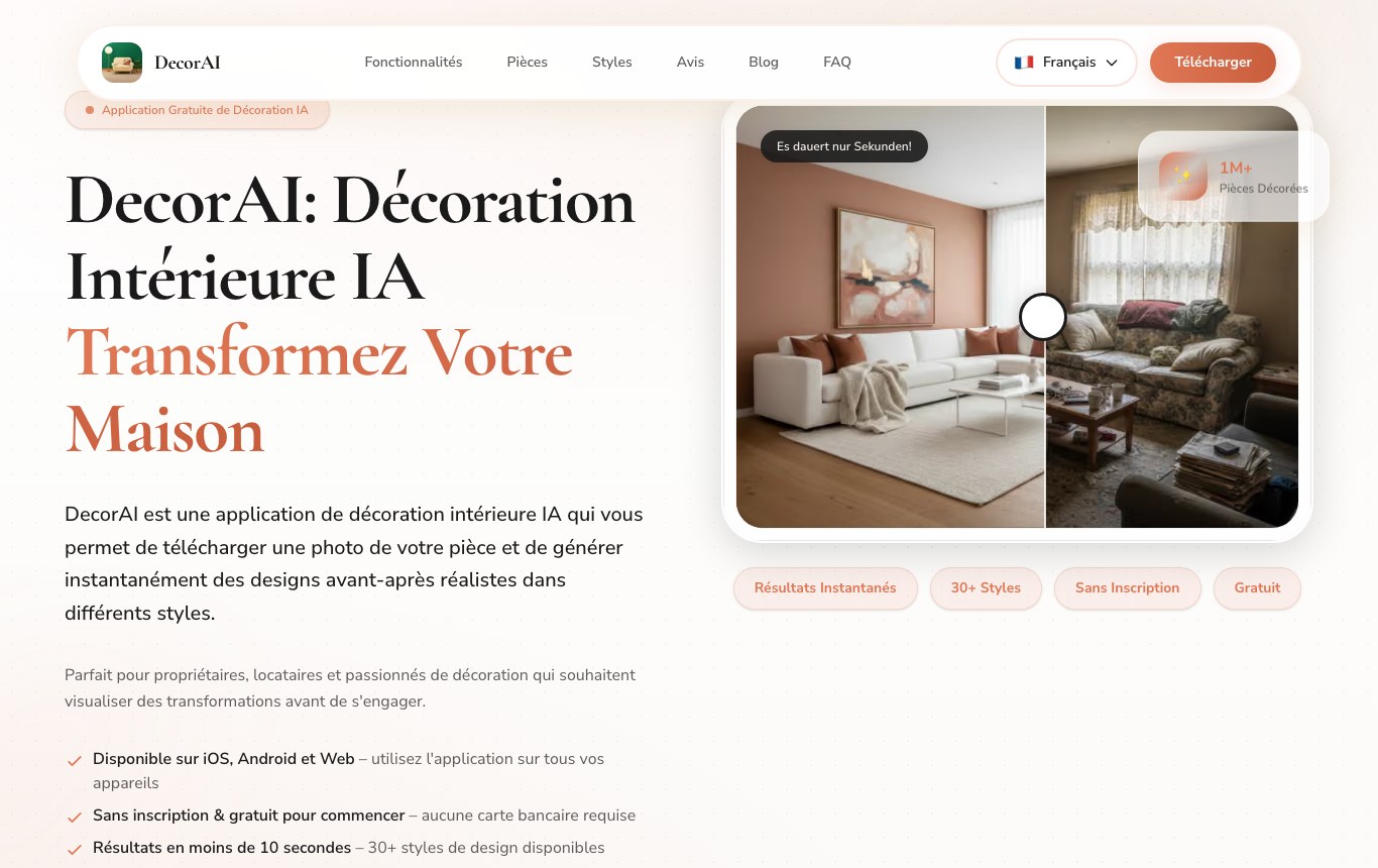 Page d'accueil de DecorAI : badges sans inscription et gratuit, aucune carte bancaire requise, aucun quota chiffré