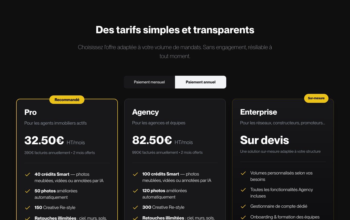 Grille tarifaire de Gepetto : offre Pro à 32,50 euros hors taxes par mois, offre Agency à 82,50 euros, aucune offre gratuite