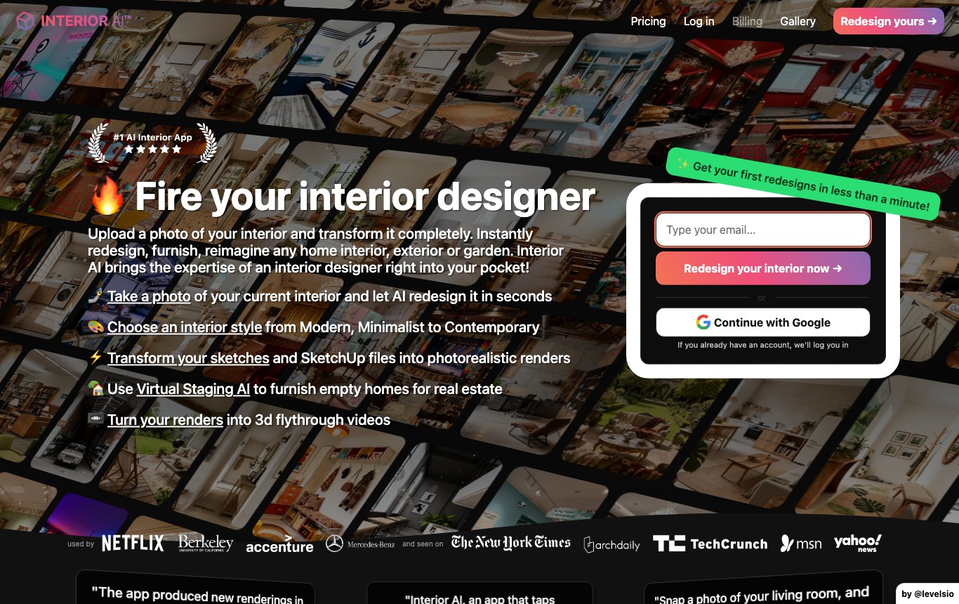 Page d'accueil d'Interior AI : un champ adresse e-mail obligatoire avant d'accéder à l'outil de redesign