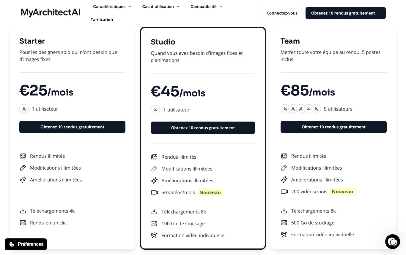 Page de tarification de MyArchitectAI : trois abonnements à 25, 45 et 85 euros par mois, avec un bouton dix rendus gratuits