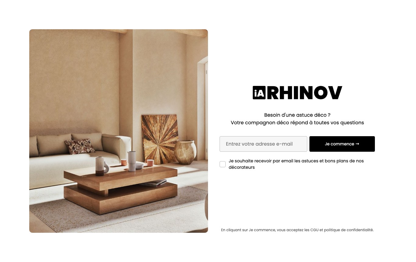 Outil IA déco de Rhinov : un champ adresse e-mail obligatoire avant de poser la première question