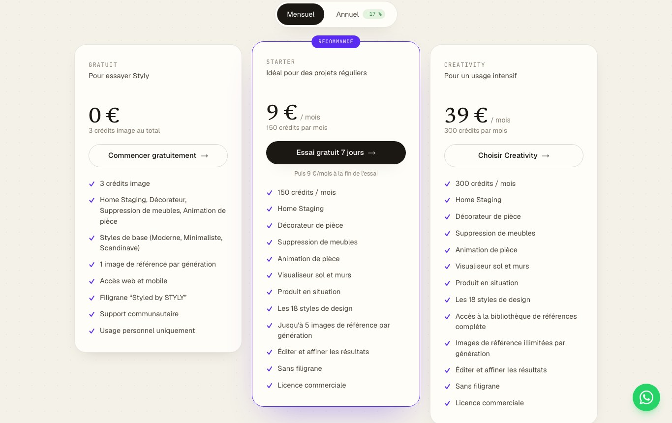 Grille tarifaire de Styly : le plan gratuit affiche 3 crédits image au total, un filigrane et un usage personnel uniquement