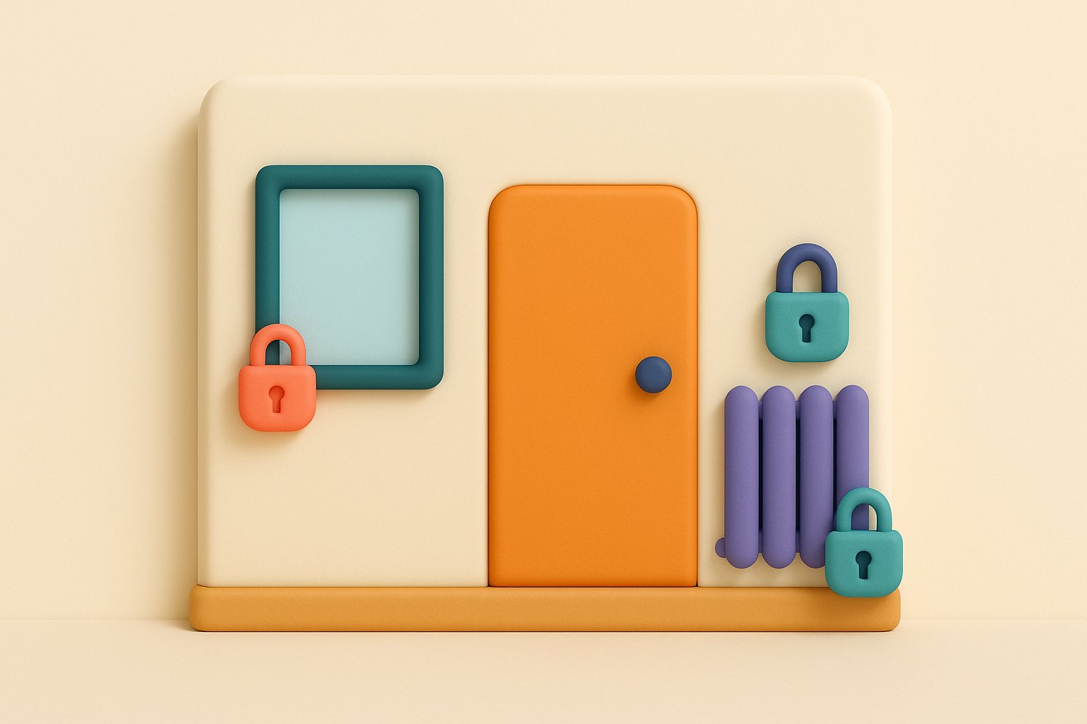 Illustration of the fixed points of a room: window, door and radiator marked with colored padlocks