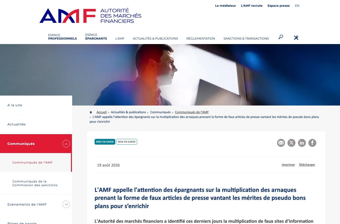 Capture du communiqué de mise en garde de l'Autorité des marchés financiers du 19 août 2026 contre les faux articles de presse vantant une plateforme de trading frauduleuse