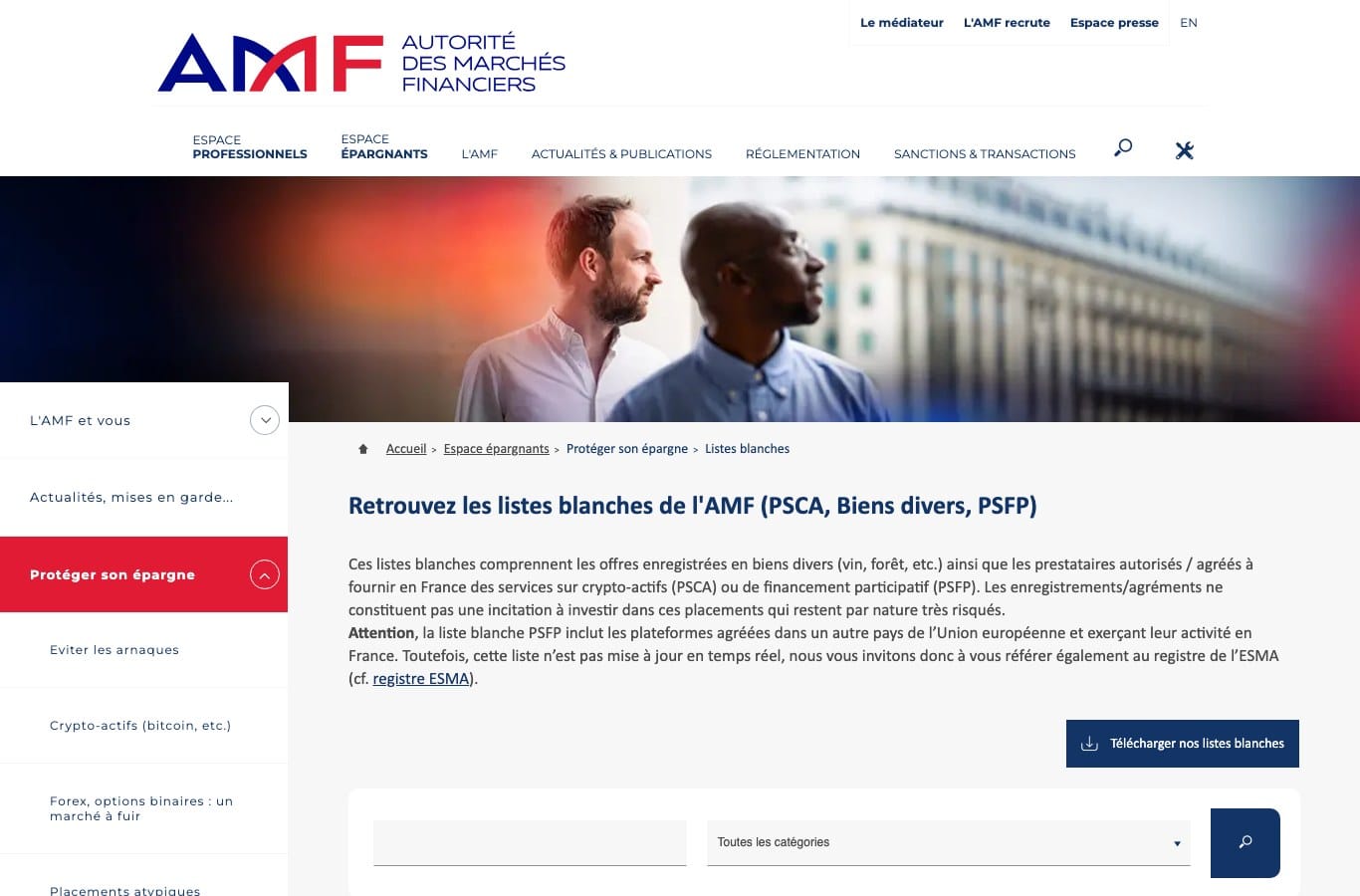 Capture de la page des listes blanches de l'AMF, où vérifier les prestataires autorisés pour les services sur crypto-actifs