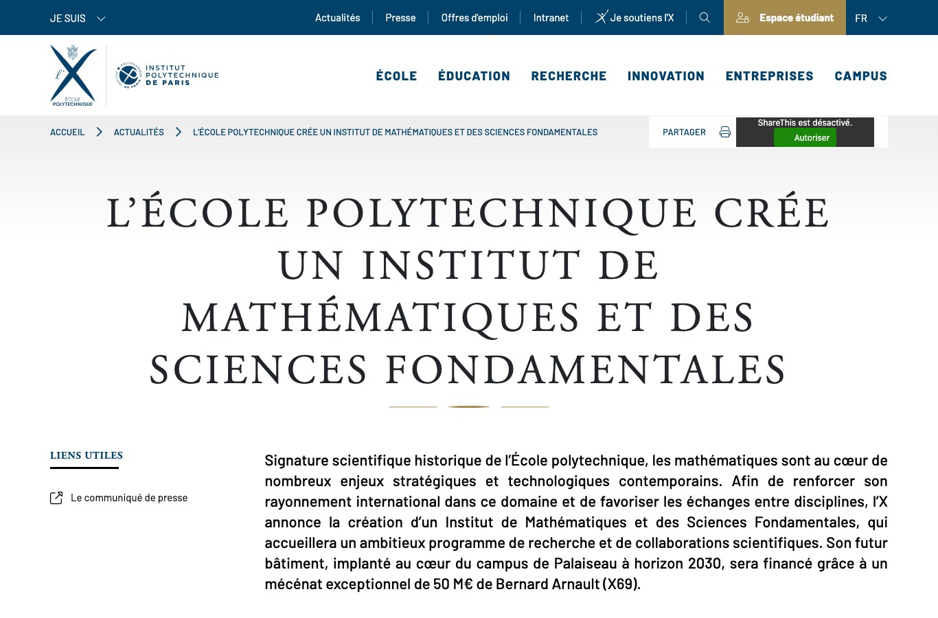 Capture de l'annonce de l'École polytechnique : création d'un Institut de mathématiques et des sciences fondamentales financé par un mécénat exceptionnel de 50 M€ de Bernard Arnault (X69), à horizon 2030