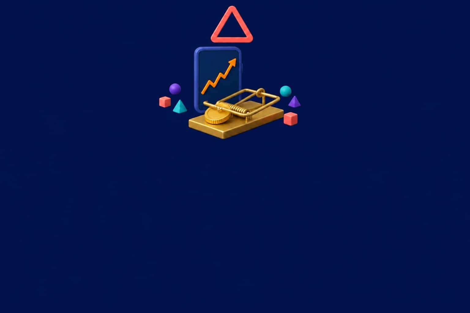 Illustration : un smartphone affichant un graphique de gains, un piège à souris doré refermé sur une pièce et un triangle d'alerte, métaphore des fausses publicités d'investissement au nom de Bernard Arnault