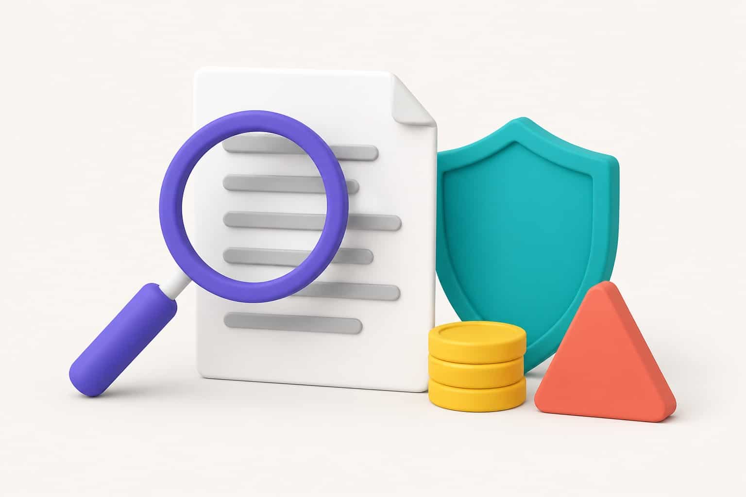 Illustration: a magnifying glass examines an investment document, next to a protective shield, gold coins and a warning triangle