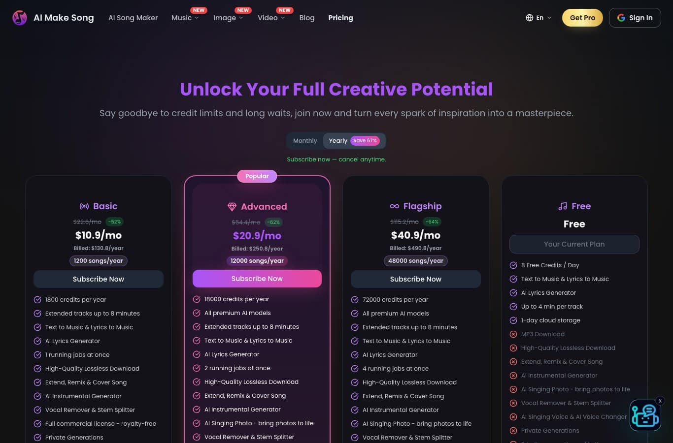 AI Make Song pricing table, Free column with MP3 Download struck through and 1-day cloud storage