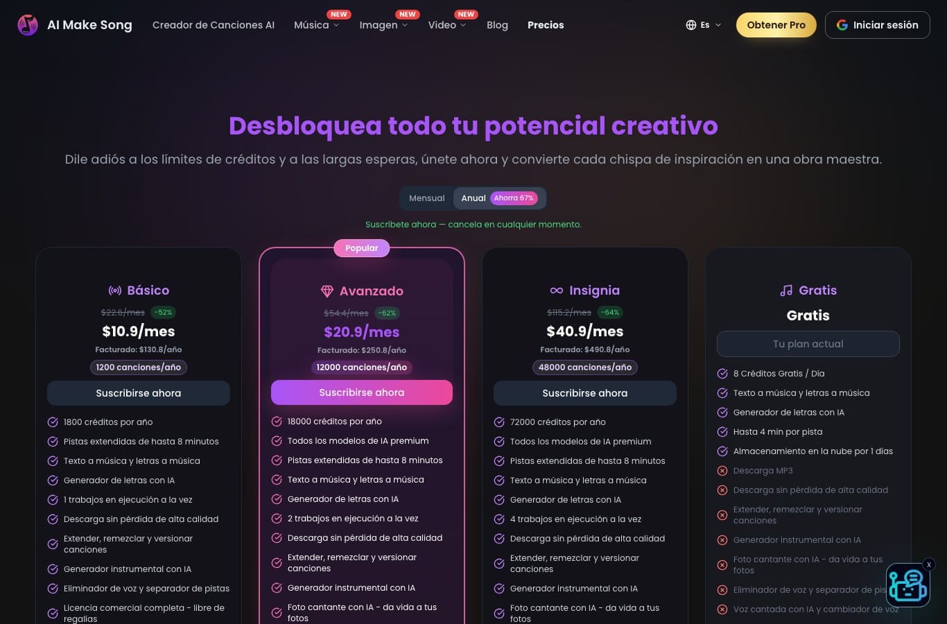 Tabla de precios de AI Make Song, columna Gratis con Descarga MP3 tachada y almacenamiento de 1 día