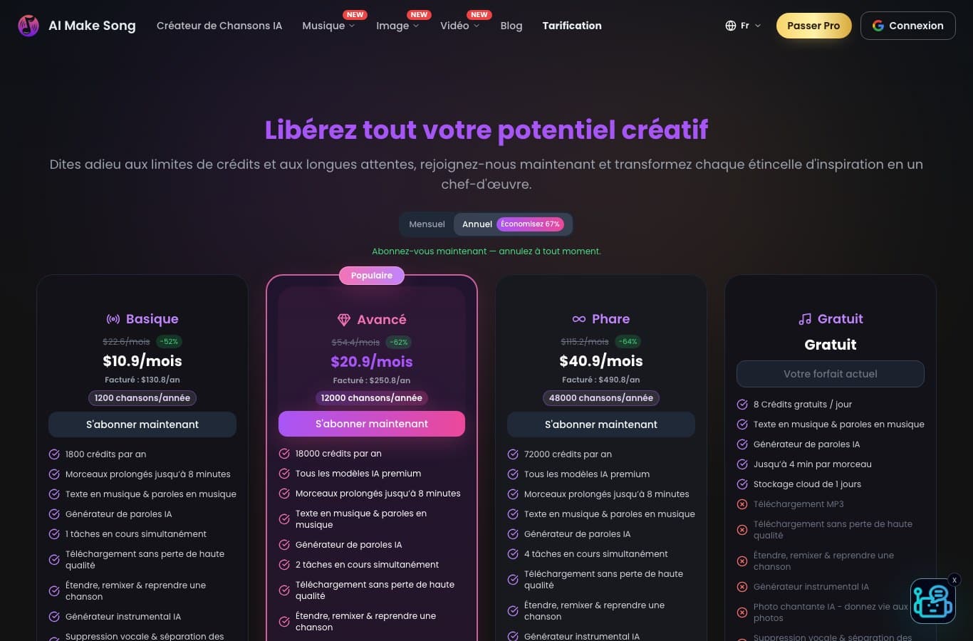 Grille tarifaire de AI Make Song, colonne Gratuit avec Téléchargement MP3 barré et stockage cloud de 1 jour
