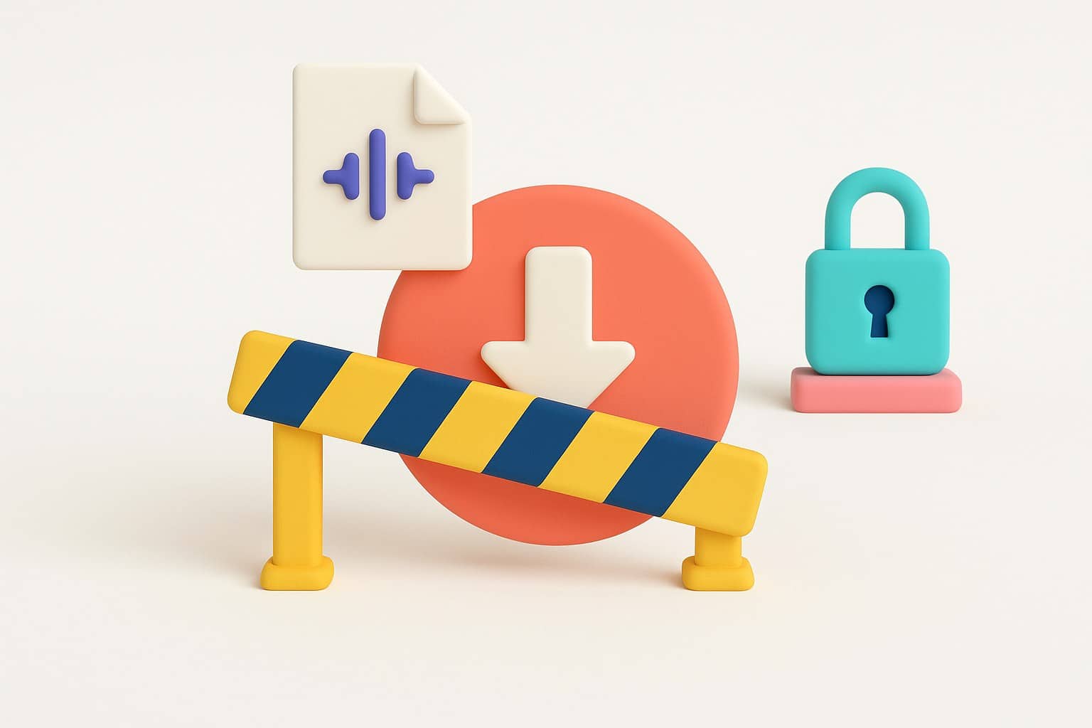 Download button blocked by a barrier and a closed padlock, illustration