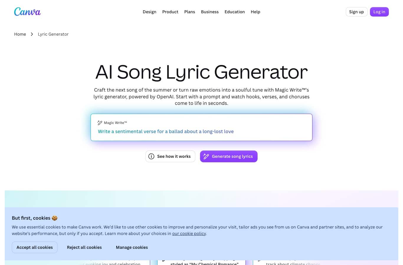Canva AI Song Lyric Generator page with the Generate song lyrics button