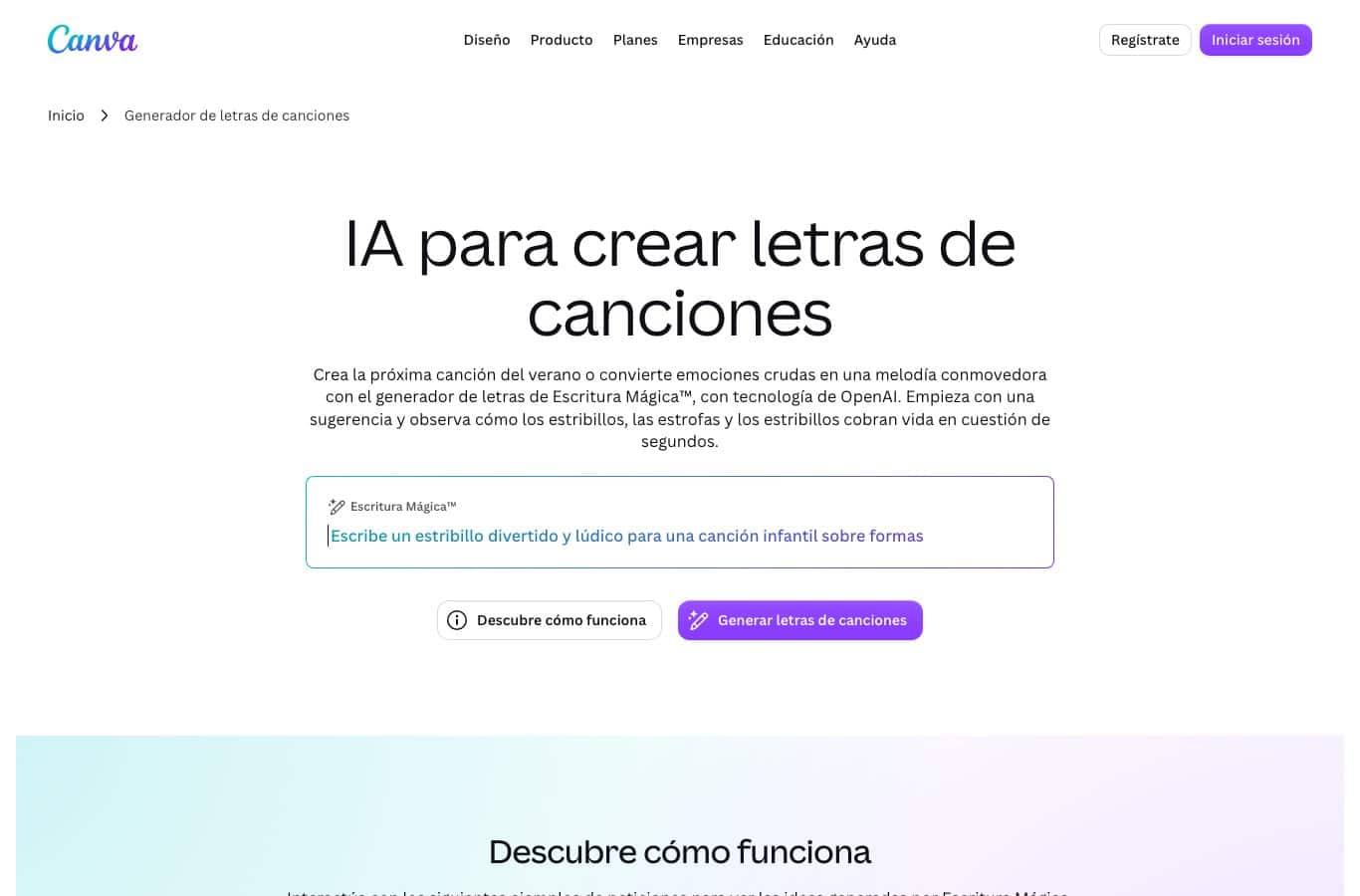 Página de Canva IA para crear letras de canciones, con el botón Generar letras de canción