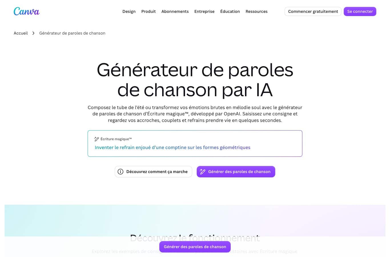 Page Canva Générateur de paroles de chanson par IA, avec le bouton Générer des paroles de chanson