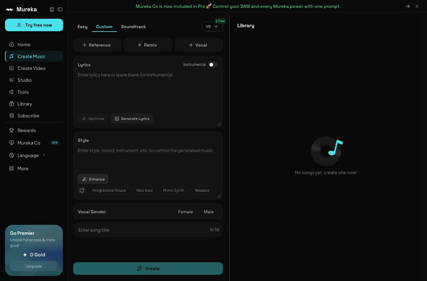 Mureka interface: Custom tab, Lyrics field, 1 Free badge and a 0 Gold counter