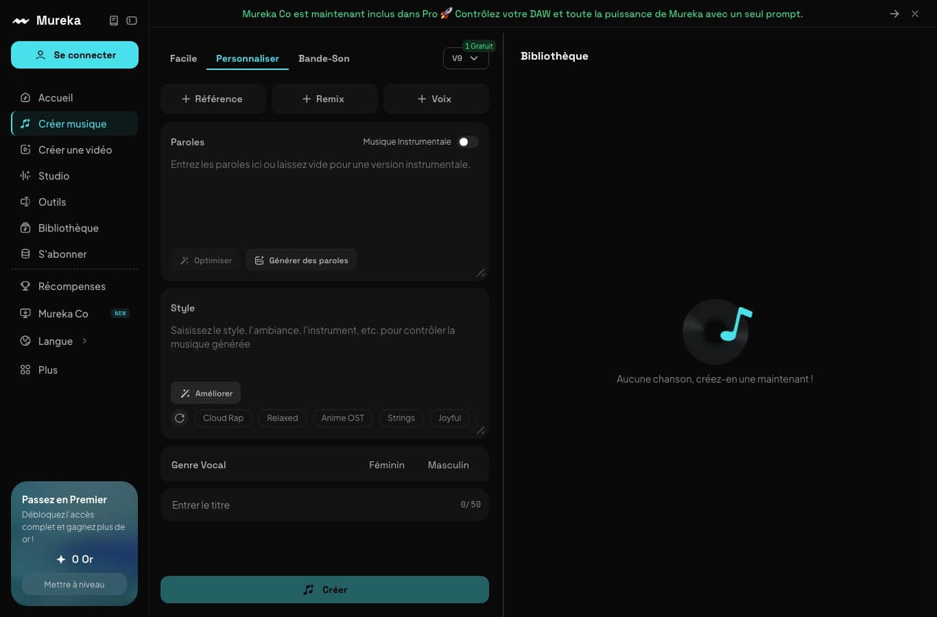 Interface de Mureka, onglet Personnaliser, champ Paroles, badge 1 Gratuit et compteur à 0 Or