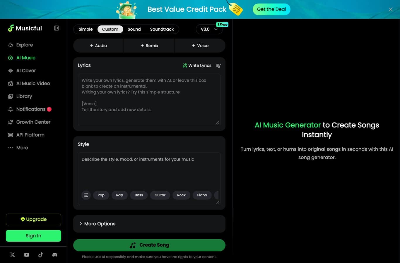 Musicful interface with the Lyrics field and the 1 Free badge next to the V3.0 model