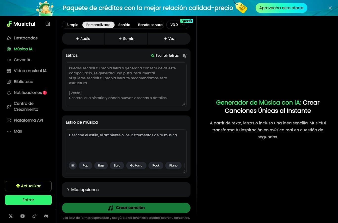 Interfaz de Musicful con el campo Letras y la mención 1 gratis junto al modelo V3.0