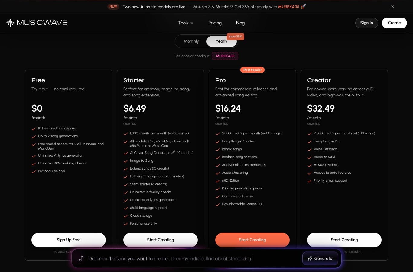 MusicWave grid with the MUREKA35 code banner and a free plan of 10 credits on signup