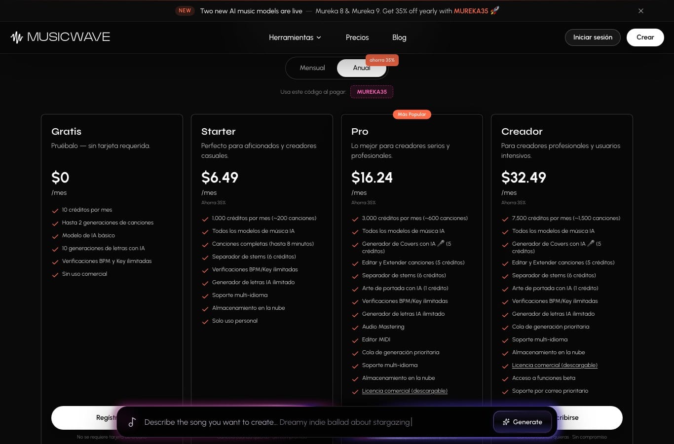Tabla de MusicWave con el banner del código MUREKA35 y el plan gratis de 2 generaciones al mes