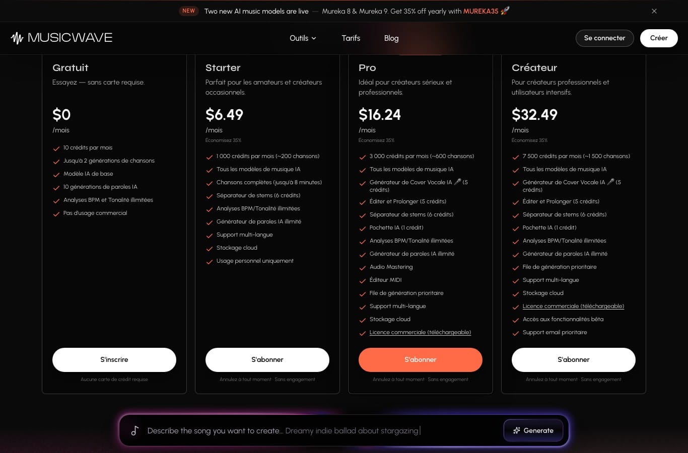 Grille MusicWave avec le bandeau du code MUREKA35 et le plan gratuit à 2 générations par mois