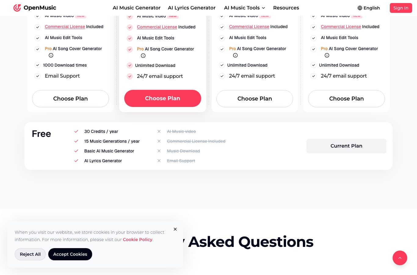 OpenMusic pricing table, Free plan with 15 music generations per year, commercial license and download struck out