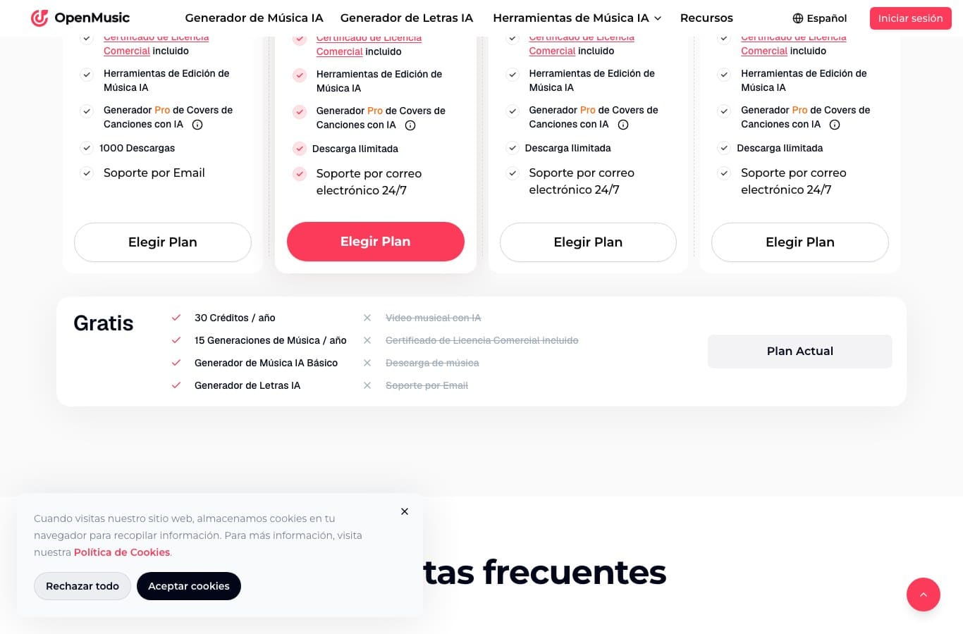 Tabla de precios de OpenMusic, plan Gratis con 15 generaciones al año, licencia comercial y descarga tachadas
