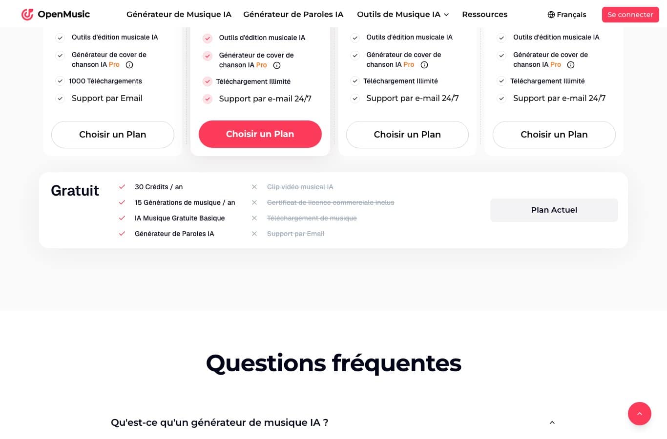 Grille tarifaire OpenMusic, plan Gratuit à 15 générations par an, licence commerciale et téléchargement barrés