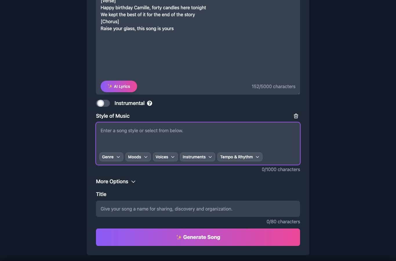 Song.do interface without an account, lyrics pasted in the Lyrics tab and the v1 model selected