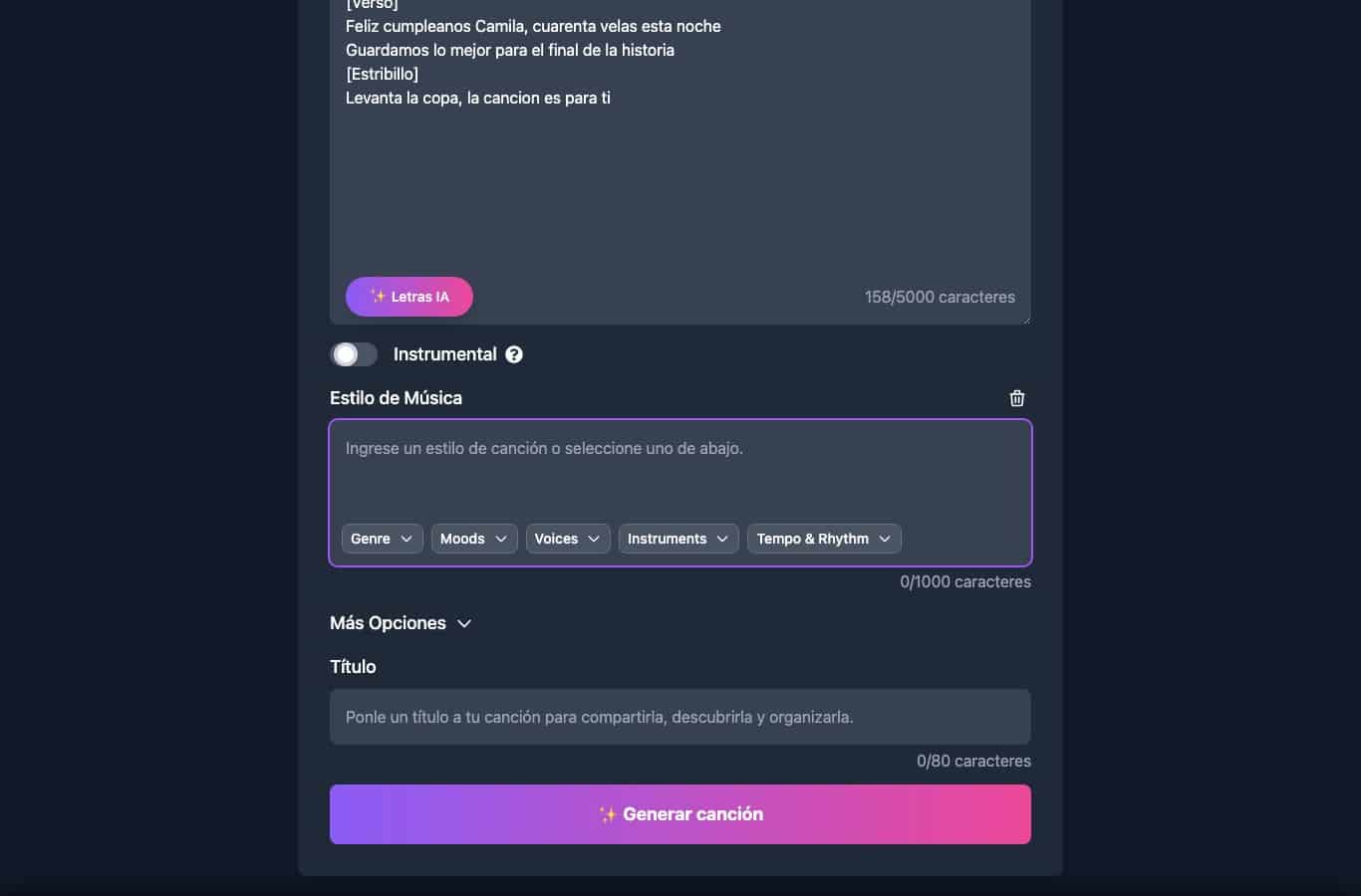 Interfaz de Song.do sin cuenta, letra pegada en la pestaña Letra y modelo v1 seleccionado