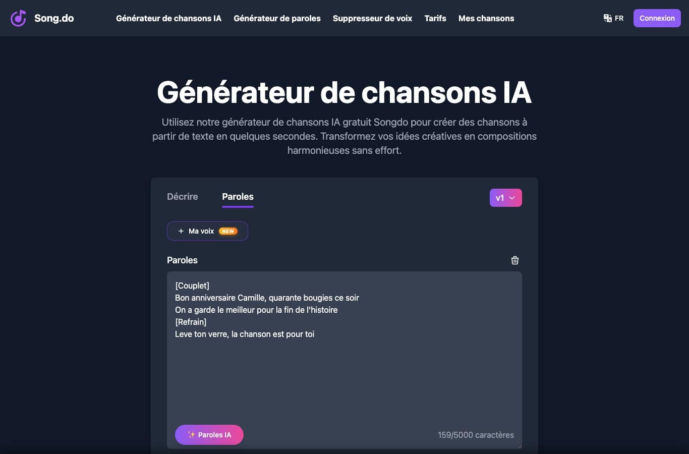 Interface Song.do sans compte, paroles collées dans l'onglet Paroles et modèle v1 sélectionné