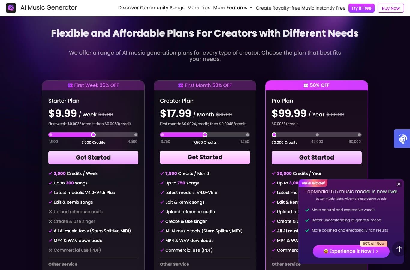 TopMediai English pricing grid with three paid plans and no free column