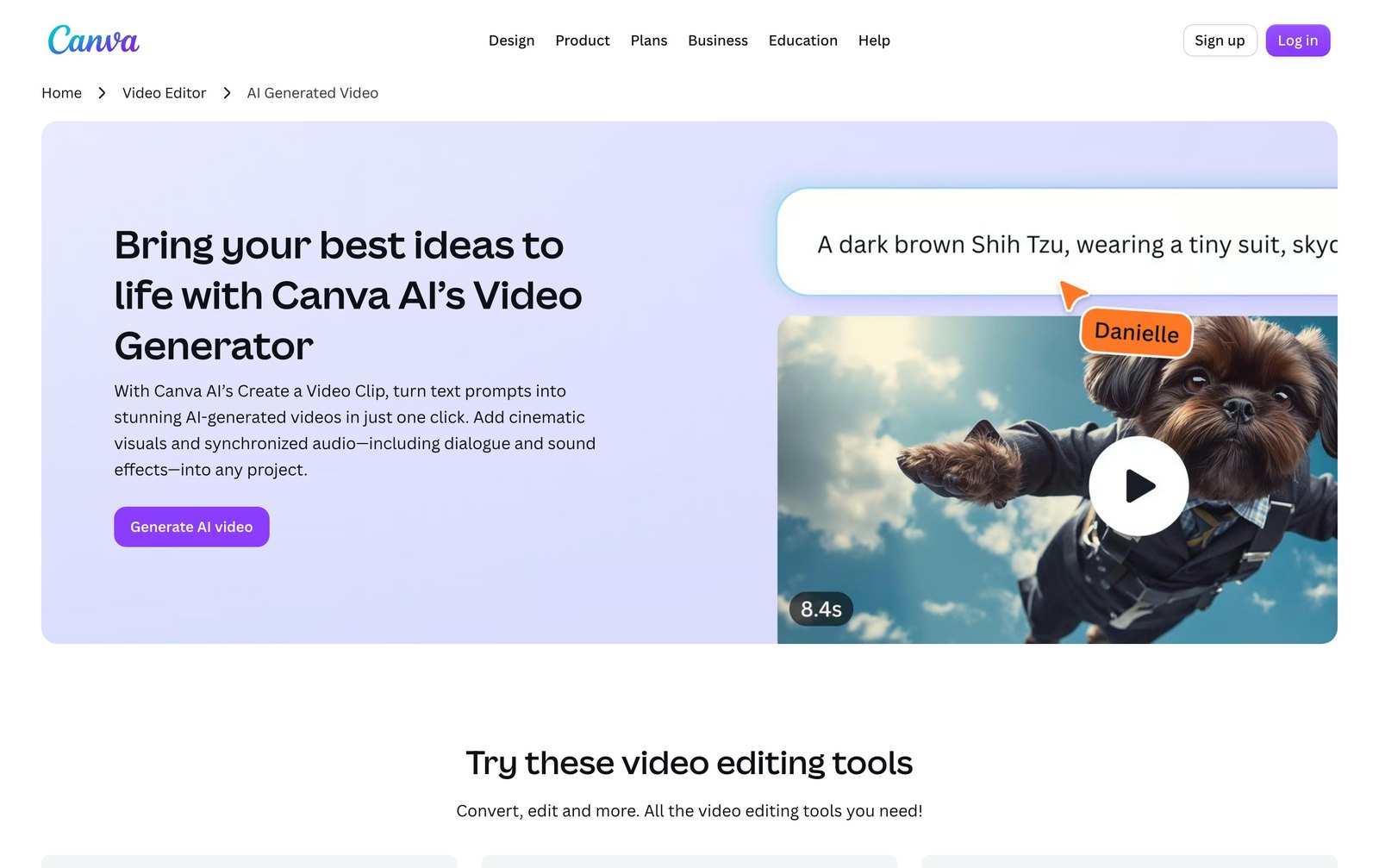 Canva AI video generator page in English