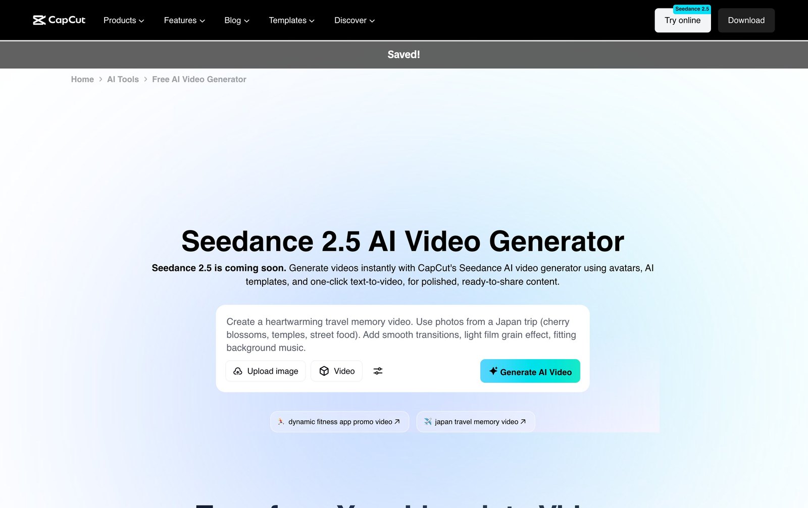 CapCut AI video generator page powered by Seedance