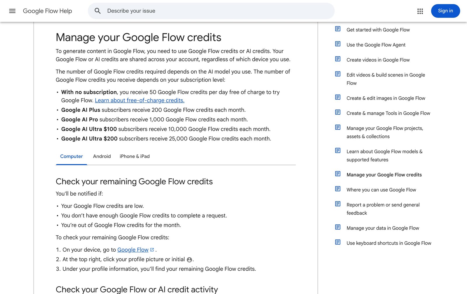 Google Flow help page listing free daily credits and monthly credits per subscription