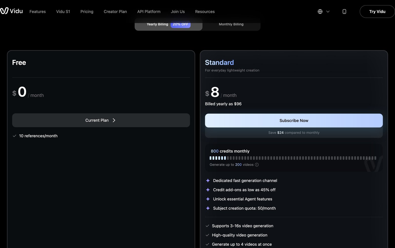 Vidu English pricing page with the free plan and the Standard plan at 800 credits