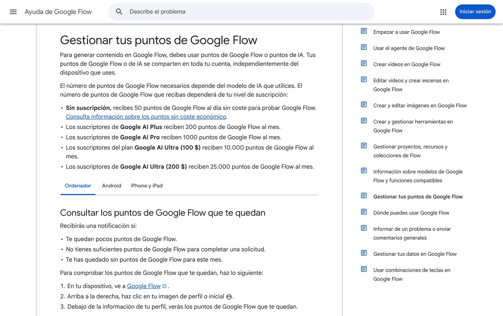 Página de ayuda de Google Flow con los puntos gratuitos diarios y los puntos mensuales de cada suscripción