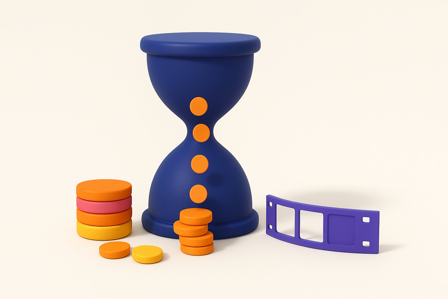 Illustration of what an AI video costs: an hourglass whose sand is replaced by tokens and a shrinking stack of credits