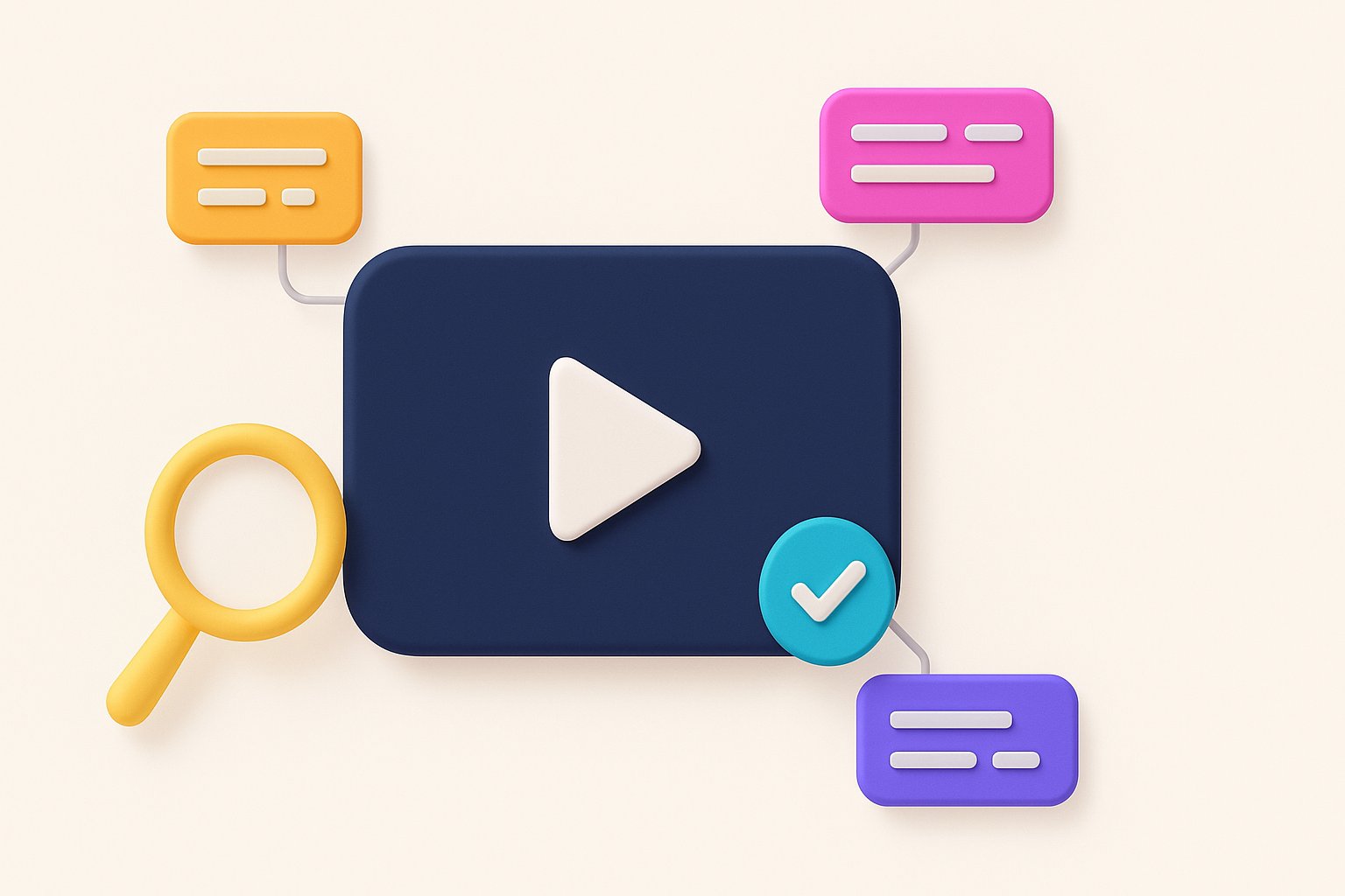 Illustration of marking an AI-generated video: a video thumbnail, a verification badge and metadata tags