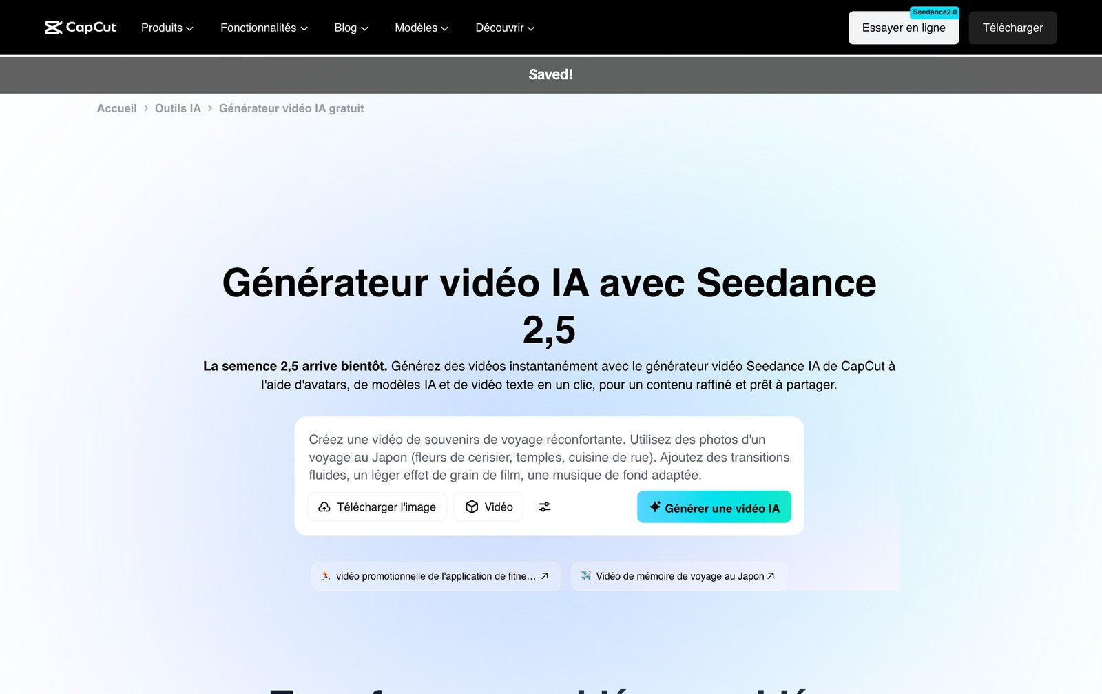 Générateur vidéo IA de CapCut propulsé par Seedance, en français
