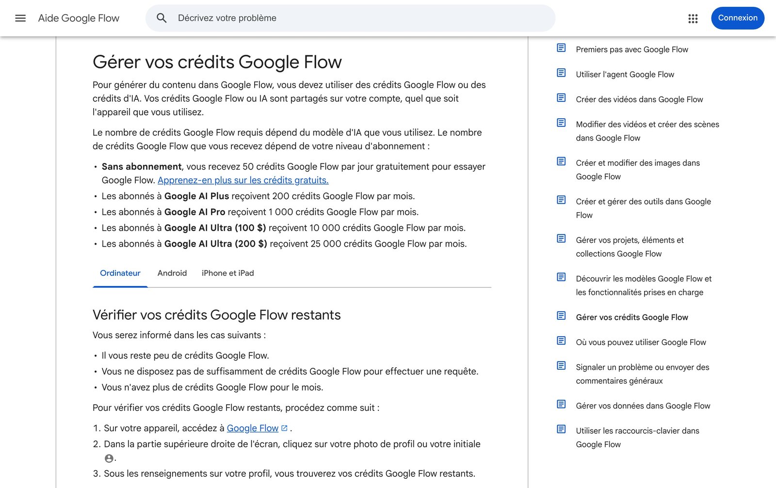 Page d'aide Google Flow détaillant les crédits offerts sans abonnement et par abonnement